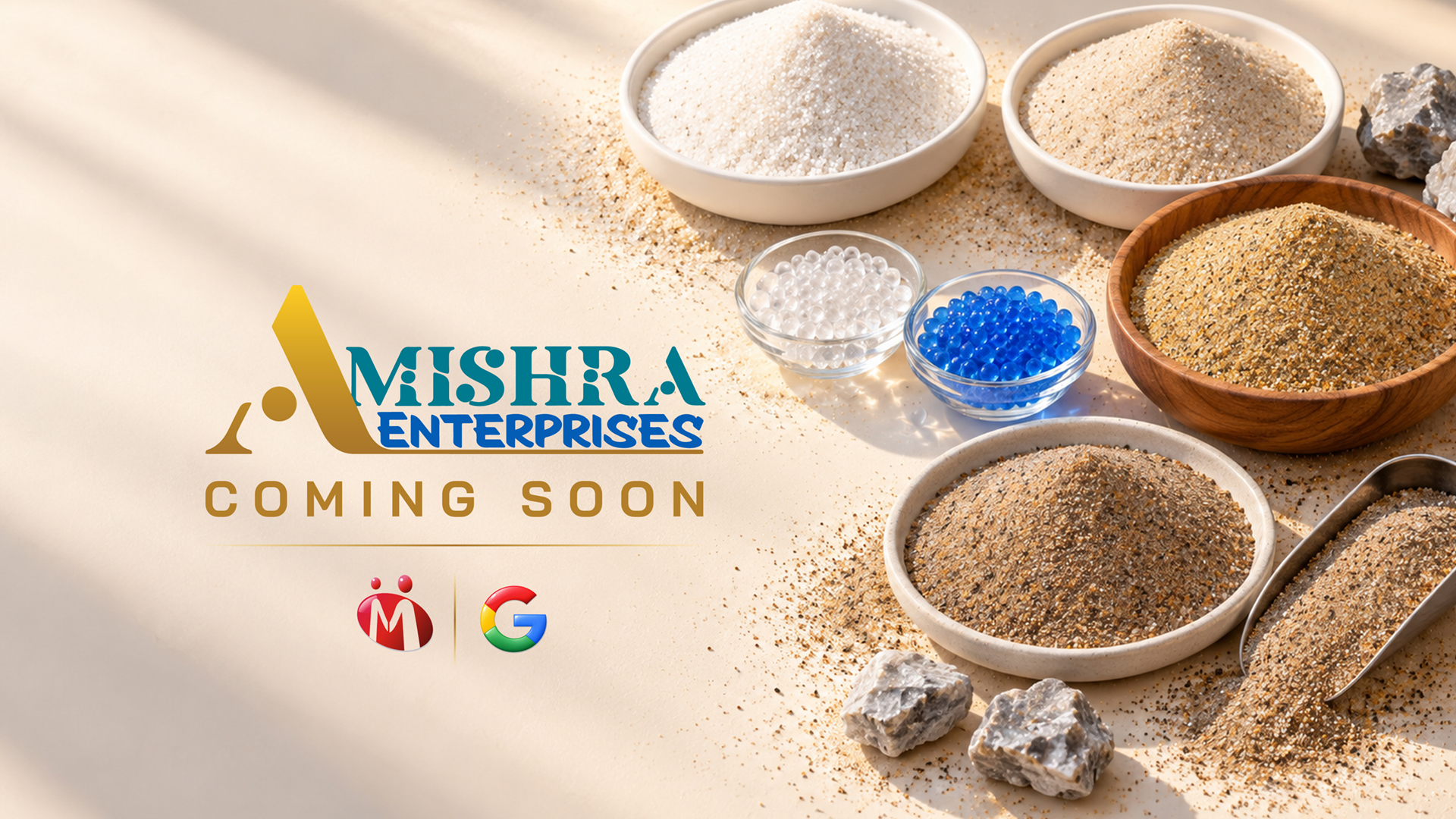 A Mishra Enterprises. Coming soon. Mineral sands and industrial materials, with IndiaMART and Google profile icons below the logo.